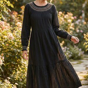 Black Long Sleeve Embroidered Neckline Maxi Dress – Modest Style L